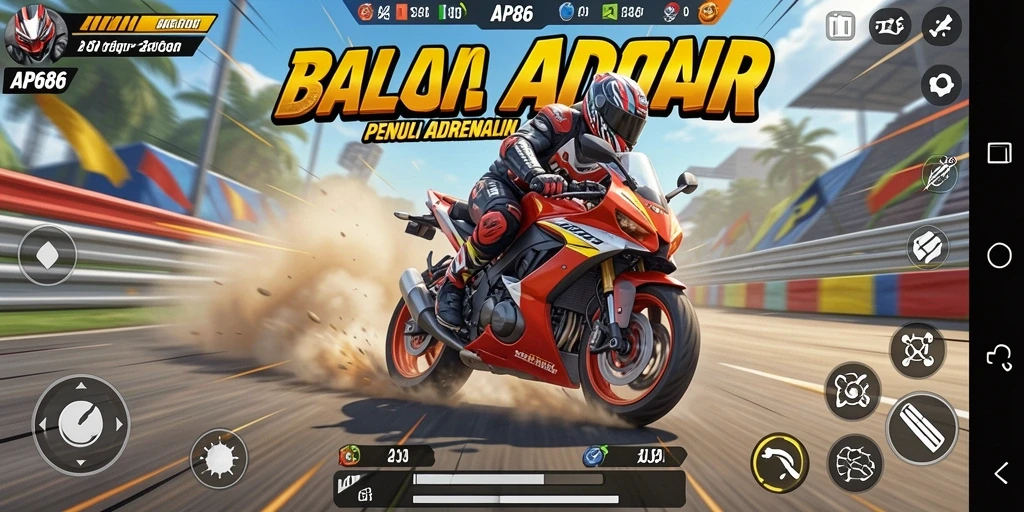 Screenshot gameplay AP686 menampilkan aksi balapan motor yang intens.