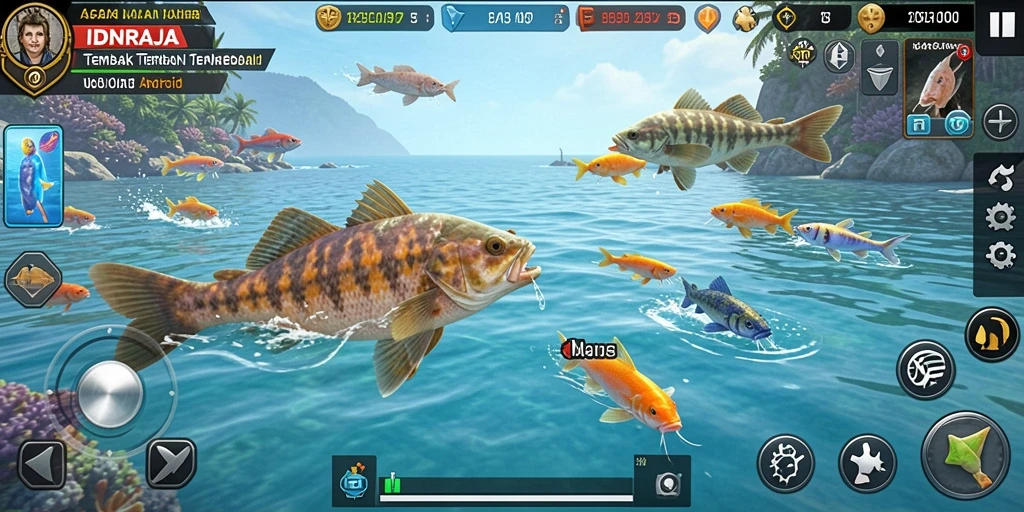 Gameplay memancing seru dalam IDNRAJA dengan ikan berwarna-warni.