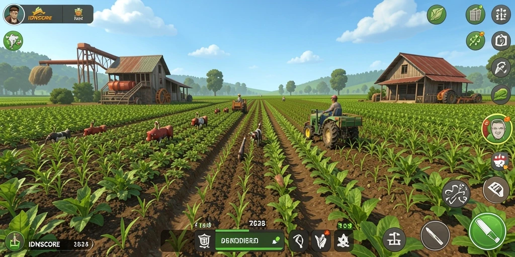 Screenshot IDNSCORE menunjukkan petani yang merawat ladang pertanian yang indah.