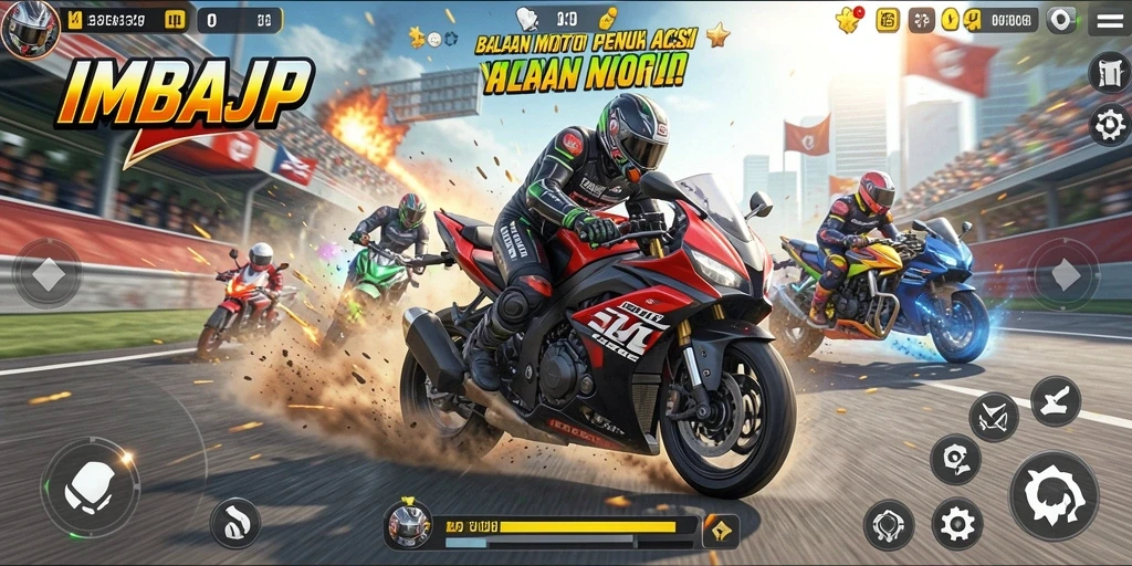 Tangkapan layar utama IMBAJP menampilkan aksi balapan motor yang mendebarkan.