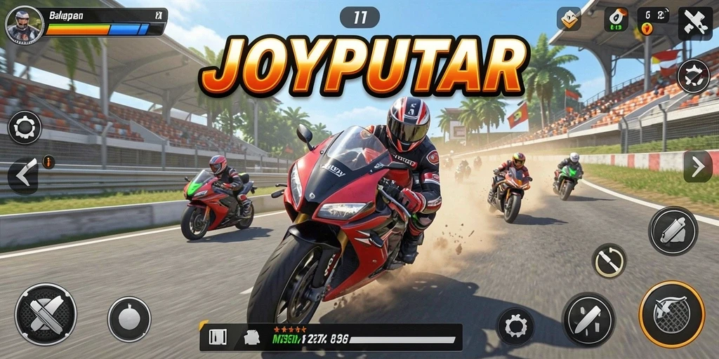 Tampilan gameplay <strong>JOYPUTAR</strong> yang menegangkan saat balapan motor.
