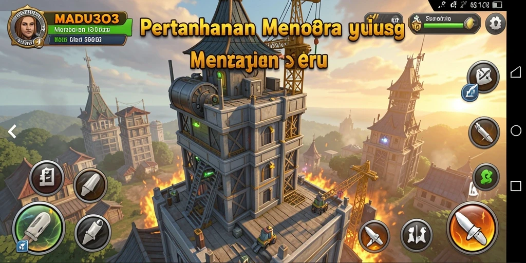 Sebuah cuplikan gameplay MADU303 yang menunjukkan aksi Tower Defense.